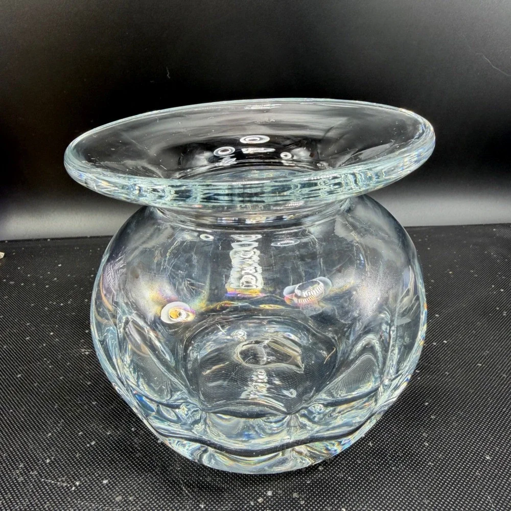 Blenko Clear Optic Glass Rose Bowl Vase Hand Blown Flared Rim Heavy Glass 4 Inch